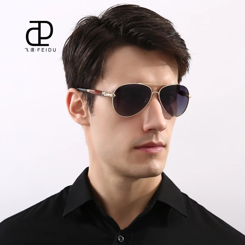 FEIDU HD Polarized Sunglasses Men Wooden Temple Alloy Frame Brand