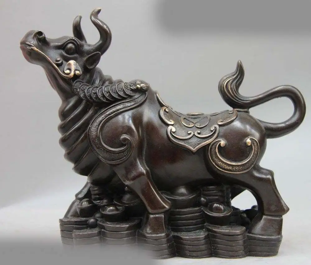 

7" China Bronze Copper Feng Shui Wealth Money stock market Cattle Ox Statue