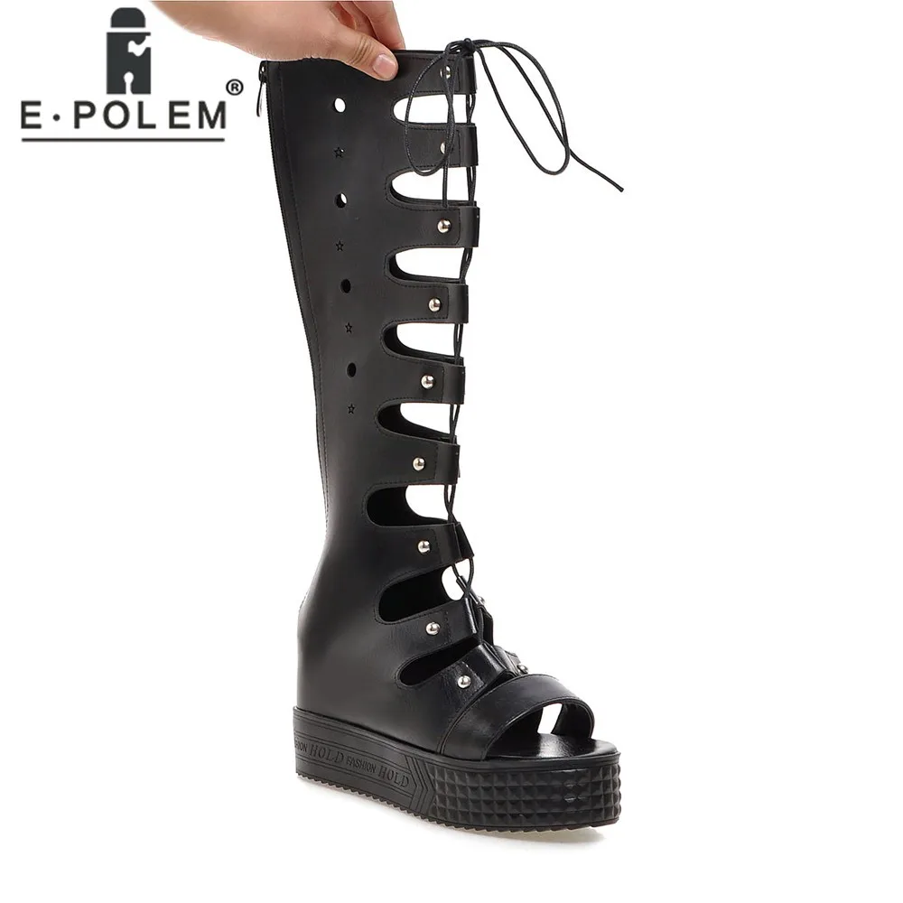

E.POLEM Women Romen Gladiator Sandals Plus Size Long Height Increasing Sandals Boots Black PU Leather Platform Sandals