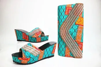 

Nice looking water blue and orange women platform prints shoes with rhinestone african shoes match handbag set for dress X27