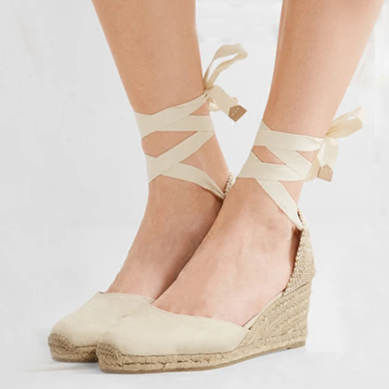 

MONMOIRA Lace up Espadrilles Wedges Canvas Fisherman High Heel Sandals Women Pointed Toe Summer Beach Sandals Women SWC0006