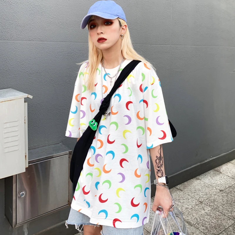 

New Summer T-shirt Women Harajuku Multicolor Moon T-shirt Wide Round Neck Tops Cotton Casual Hit Color Short Sleeve T-shirt Tees