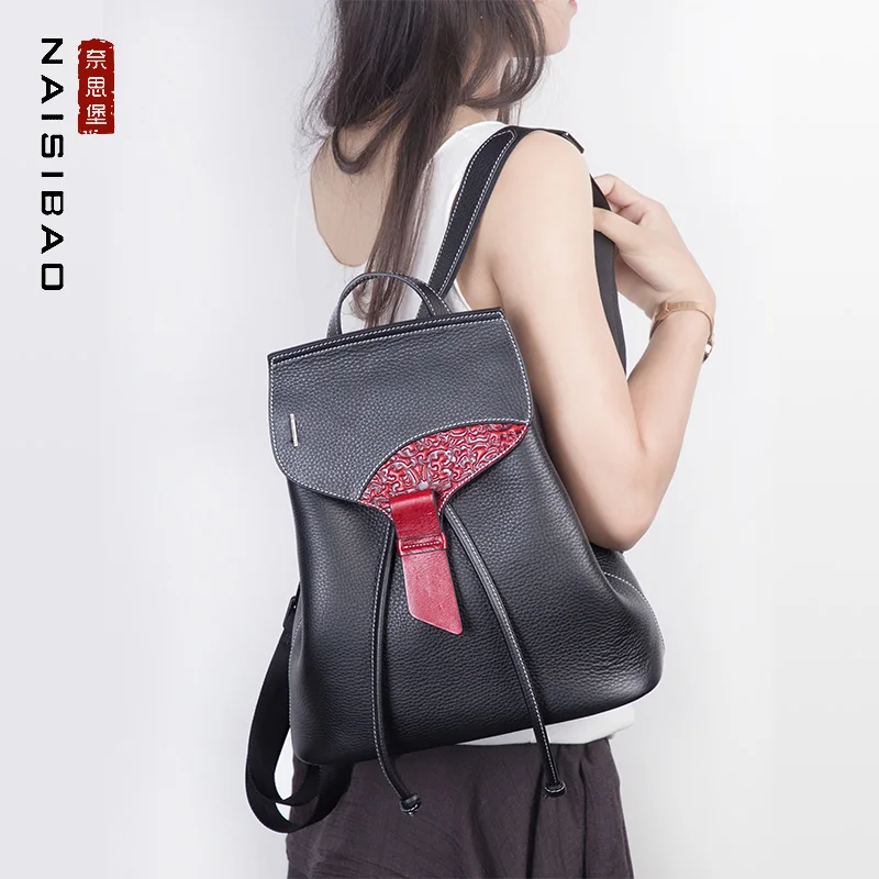 Chinese Style women genuine leather backpack name brand fashion pattern