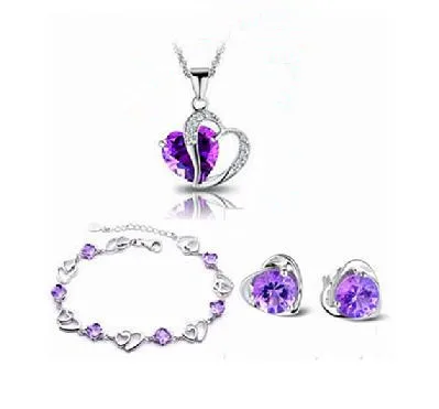 

Free shipping new 2014 heart design 925 sterling silver jewelry set cubic purple crystal necklaces & pendants 45cm 1set/lot