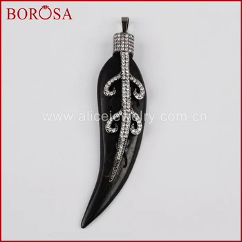 

BOROSA Black Natural Ox Bone Leave Charm Pendant Bead, CZ Micro Pave OX Bone High Quality Pendant for Necklace Making WX465