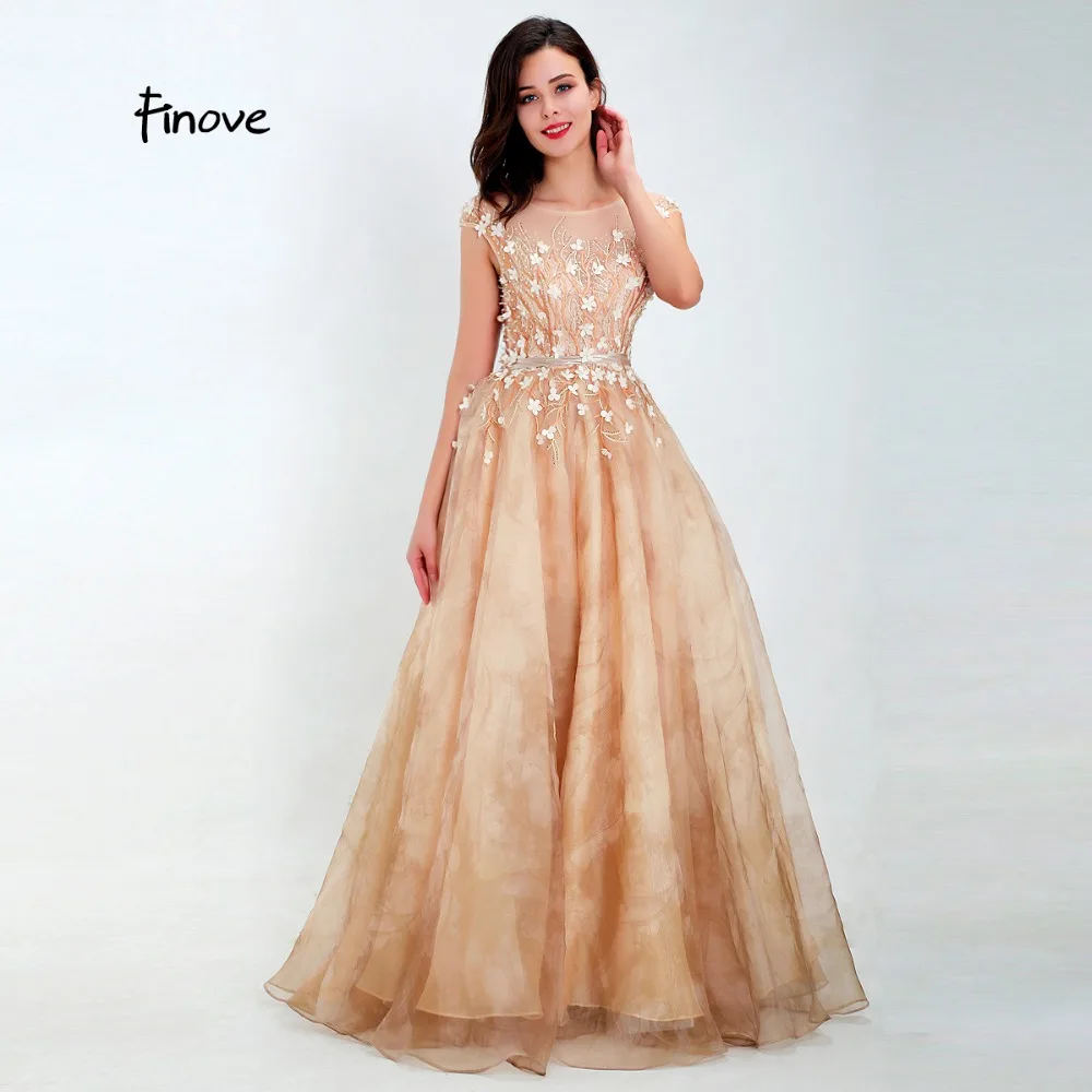 

Finove 2019 Prom Dress New Unique Dusty Yellow Appliques Elegant Cap Sleeves Scoop Neck Line Chiffon Long Floor Length Gowns
