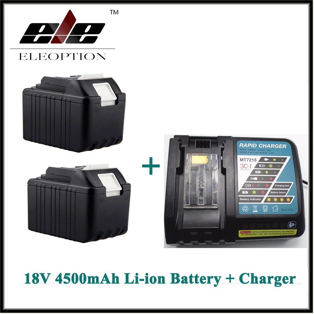 

New Eleoption 2x Rechargeable Power Tool battery for Makita 4500mAh 18V Li-ion BL1830 LXT400 194205-3 BL1840 Battery + Charger