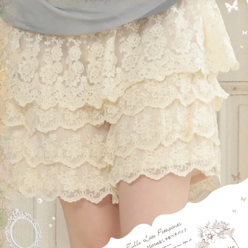 Japanese Women Lace Shorts Solid Color Elastic Waist Patchwork Hook