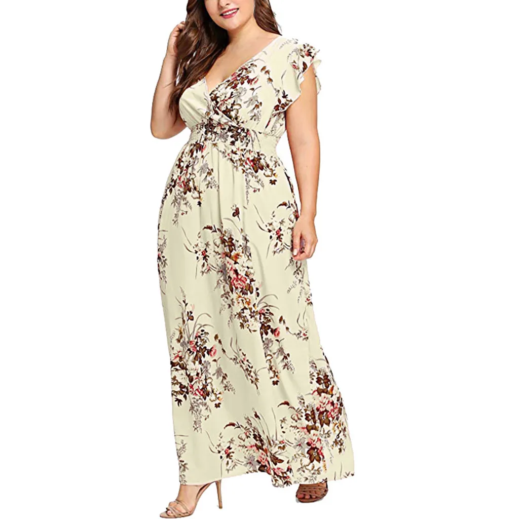 

KLV 2019 Summer latest fashion Women Plus Size Summer V Neck Floral Print Boho Sleeveless Party Maxi Dress free shipping D4