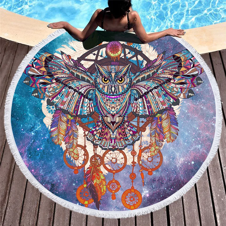 

Large Round Beach Towel With Tassels For Kids Adults Tapestry Purple Owl Microfiber Towel 150cm Blanket Yoga Mat
