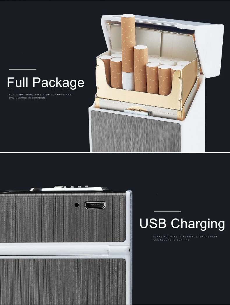 Metal Cigarette Case Box with USB Lighter 20pcs Capacity Waterproof Cigarette Holder Electronic Lighter Electric Gadgets for Men