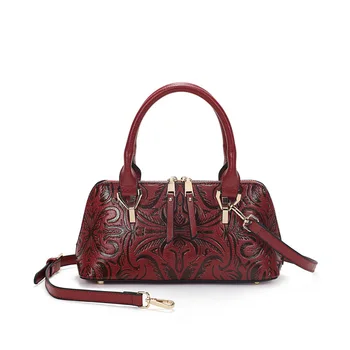 

Chinese Style Embossing Flower Designer bag Lady Small Totes Handbag Genuine Leather Elegant Women Shoulder bag Red Floral Purse