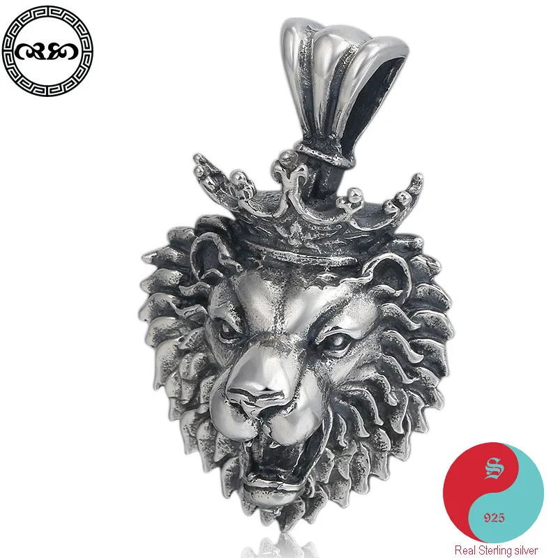 

Retro Solid Real 925 Silver Sterling Necklace vintage lucky crown lion pendant Thai silver punk necklace for men women