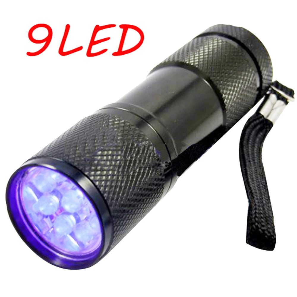 100pcs/lot Mini Aluminum Alloy 9 LED UV Flashlight Portable Mini 9 LED