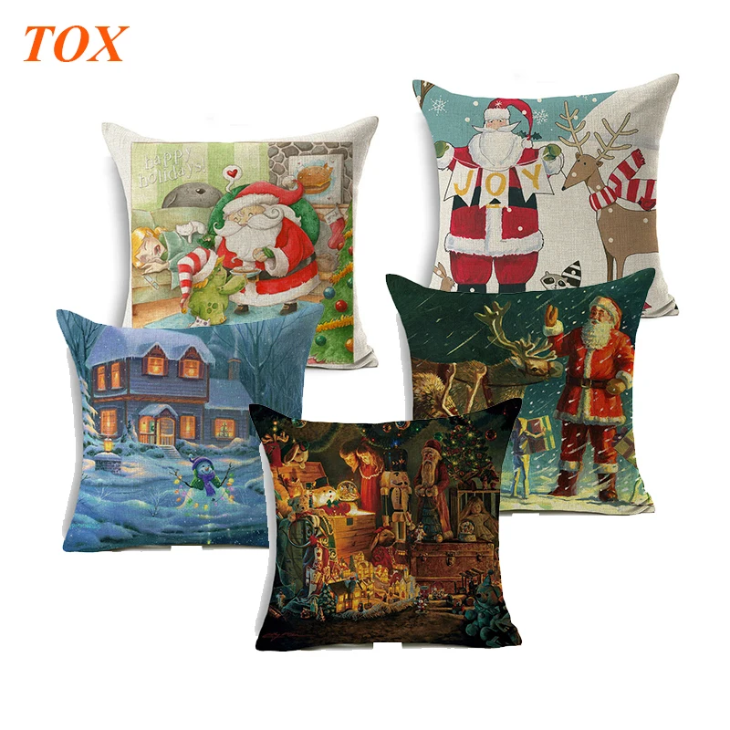 

TOX Christmas Style Cushion Cover Santa Claus Xmas Snowman Christmas Greetings Home Decorative Throw Pillow Case Home Decor