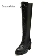 Женские сапоги для верховой езды на платформе и высоком квадратном каблуке со шнуровкой; модельные зимние сапоги до колена с круглым носком и боковой молнией; цвет черный, коричневый, бежевый