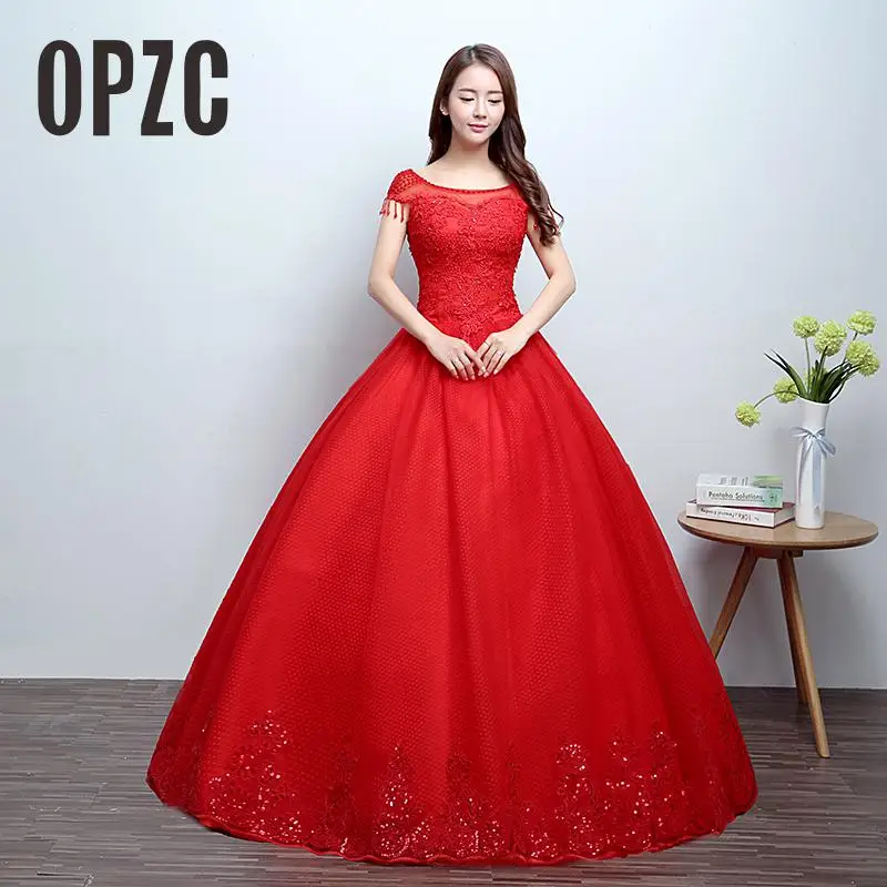 

Real Photo Fashion O Neck Vestido De Noiva 2017 New Korean style Elegant Princess Lace Grown Red Bride Dress with Appliques Bead