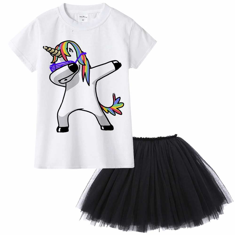 Harga 1Y 12Y Colek Unicorn Panda Pug Anjing Kucing Zebra Kelinci Anak anak Gadis Gaun Musim Panas T Shirt Tutu Dress 2 pcs Set Anak Bayi Pakaian
