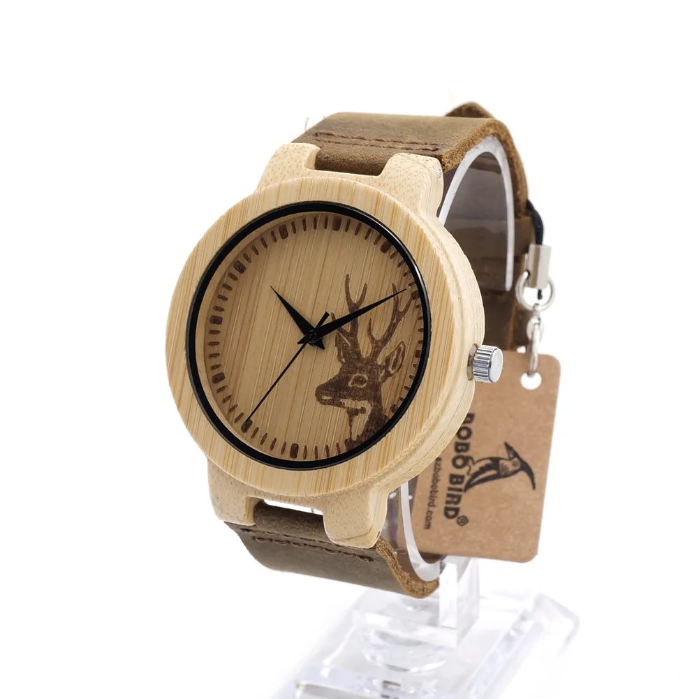 New Fashion Simple Top Brand Wood Men Women Wristwatch Genunie Leather Real Bamboo Wooden Deer Virgin