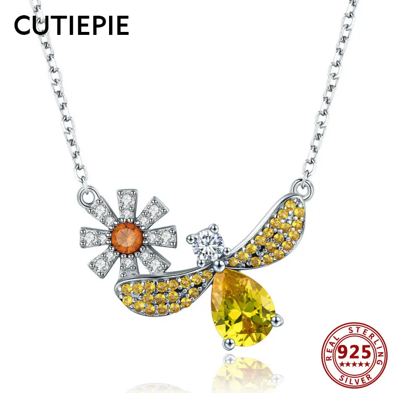 

CUTIEPIE Luxury 100% Real 925 Sterling Silver Daisy Bee Shape Clear CZ Necklaces Wedding Sterling Silver Jewelry Gifts for Women
