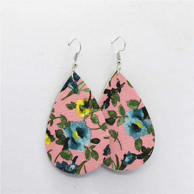 

New PU Leather Earrings for Women Genuine Teardrop Leaf Earrings Jewelry Colorful Flower Print Drop Dangle Earings E227