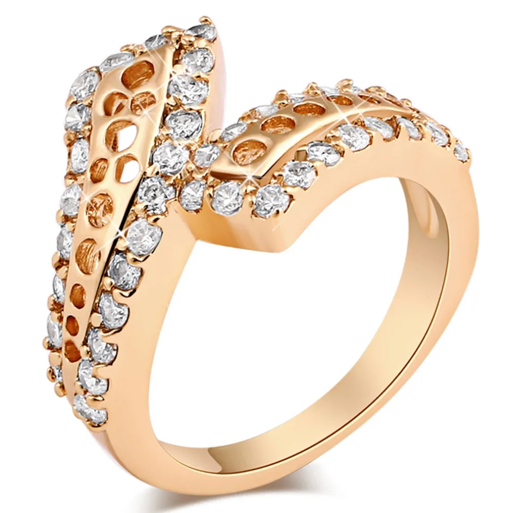 

Fashion Drill Hollow Ring Micro Pave Zircon Gold-Color Rings For Women Cross Jewelry Girls Wedding Engagement Bands Party Rings