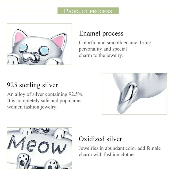 WOSTU Настоящее серебро 925 проба прекрасный кот Шарм fit браслет Подвеска «сделай сам» ювелирные изделия, модные подарки BKC874