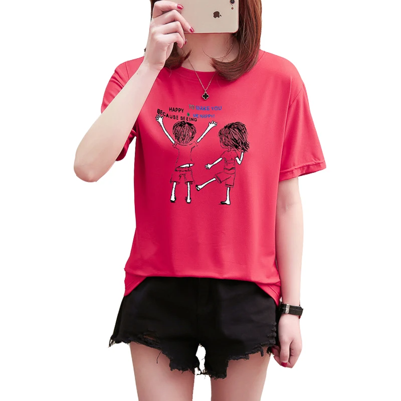 

2019 summer loose large size women's short-sleeved T-shirt Korean version of the new couple printing round neck wild tops tees