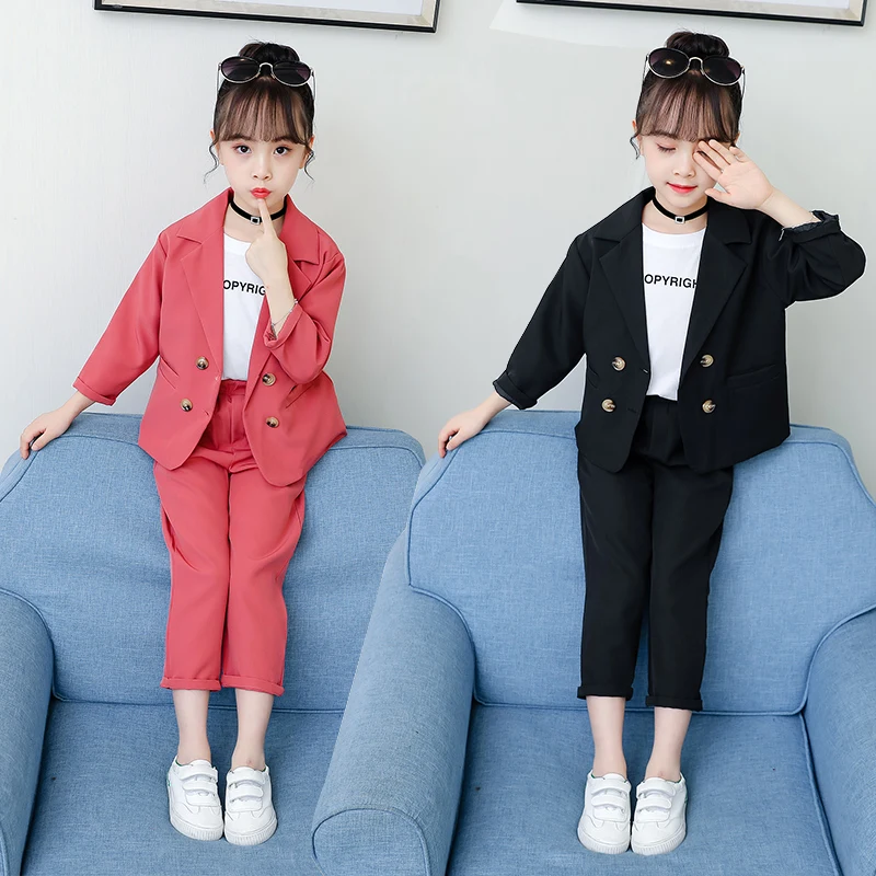 

ins hot girls clothes sets 4-13 years old children's clothing Cotton Double-breasted suit 2-piece suit spring and autumn wild