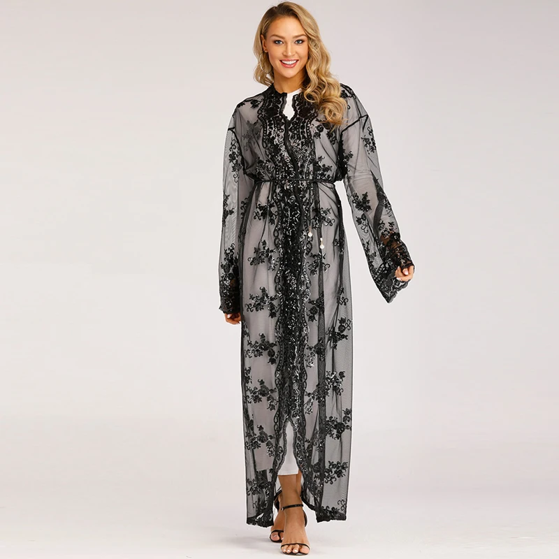 

Plus Size Long Kimono Mujer 2019 Sexy Dubai Abaya Muslim Women Sequined Chiffon Mesh Cardigan Blouse Roupas Feminina Clothing