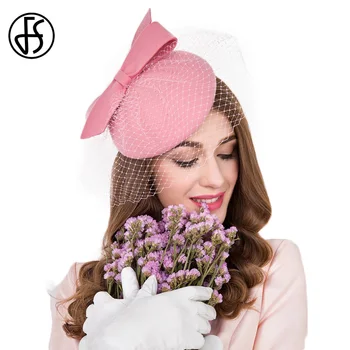 

FS Fascinators 100% Wool Felt Cocktail Hat For Women Elegant Pink Ladies Wedding Dress Tea Party Pillbox Wool Pillbox Fedoras