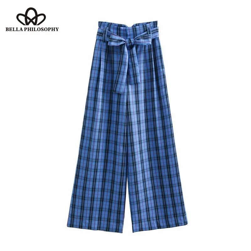 Wonder 2018 new autumn Vintage plaid bowknot sashes wide leg pants fashion high waist pocket long loose Trousers  business Pants
