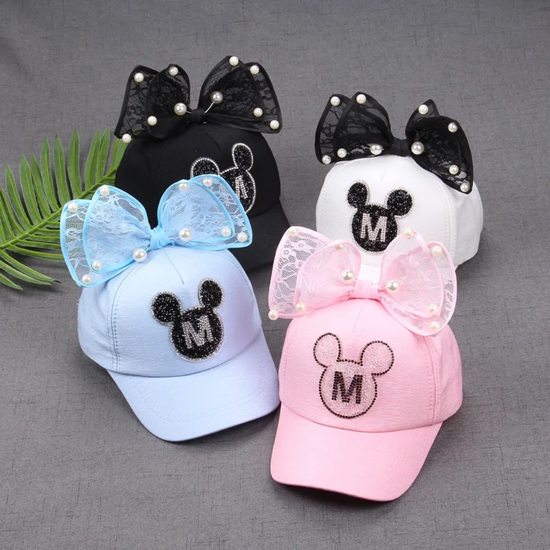 2017 Children Hip Hop Baseball Cap Summer font b Baby b font rabbit ear pearl bow
