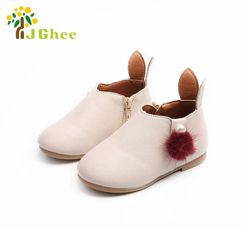 

J Ghee Autumn New Girls Shoes Ankle Boots PU Leather With Fur Ball Princess Soft Sweet Kids Shoes For Toddler Girl Pearl Pendant