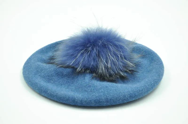 Осень-зима береты Hat Для женщин Повседневное вязаный шерстяной берет с воротником из натурального меха енота Pom дамы Ангола кашемировый