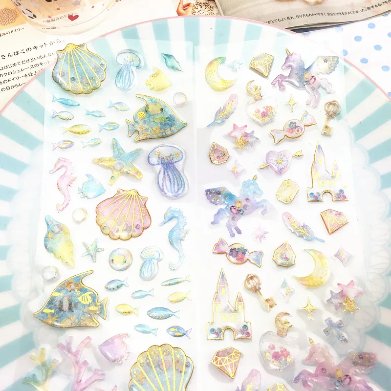 

5sheets/lot Unicorn Castle Ocean Shell Self- adhesive 3D Epoxy Sticker for Scrapbooking/ DIY Crafts/ Card Making Decoration