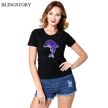 

BLINGSTORY Women's Short Sleeve O-neck Sequin Tshirt Women Plus Size 5xl Cotton Casual Tee T-shirt Drop Ship