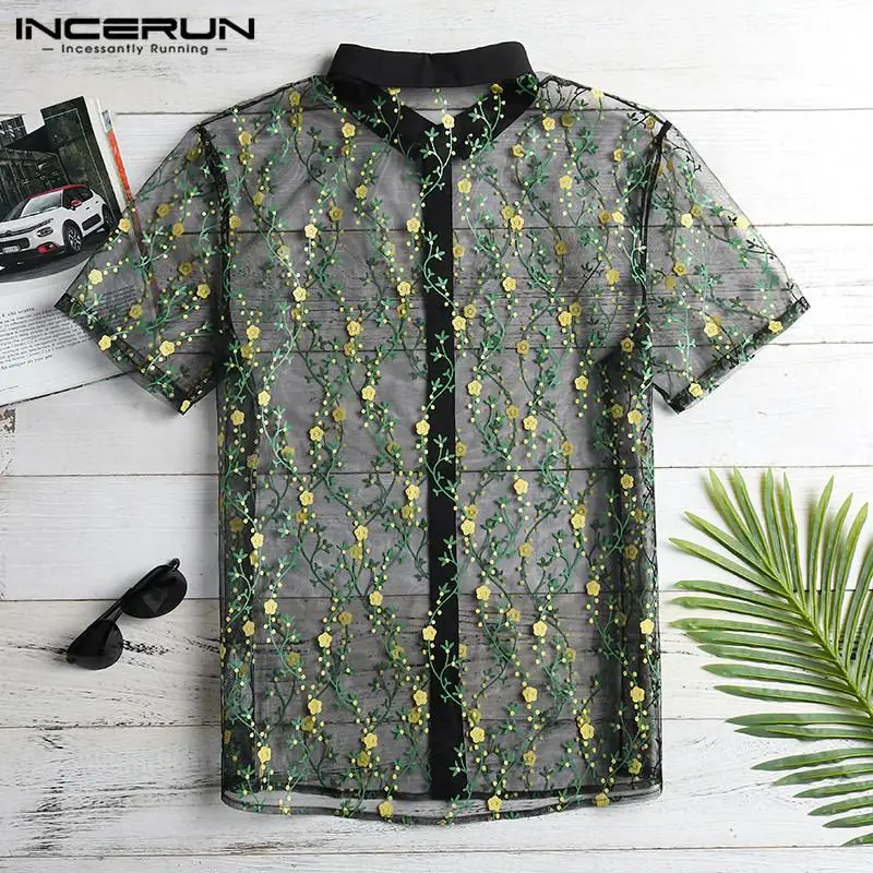 INCERUN Mesh Men Shirt Printing Transparent Sexy Short Sleeve Slim Fit Party Tops See Through Fashion Club Lace Shirts Men