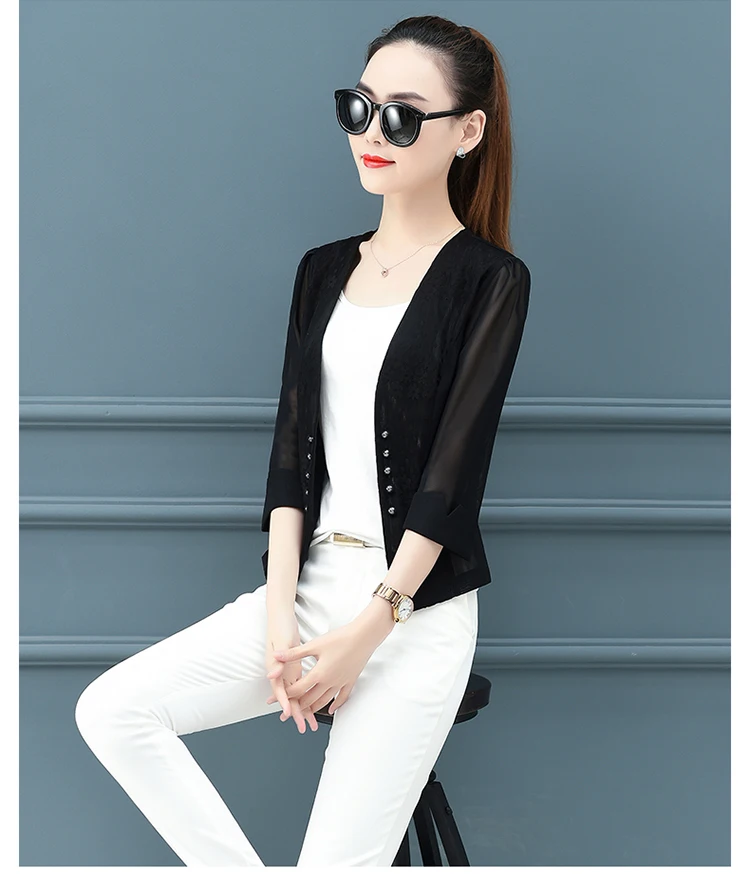 Korean short small suit blazer women coat thin see-through lace embroidery mesh women blazers and jackets vintage cardigan tops