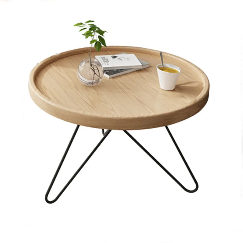 Solid Wood Coffee Table Metal Round End Table for Living Room Side Table