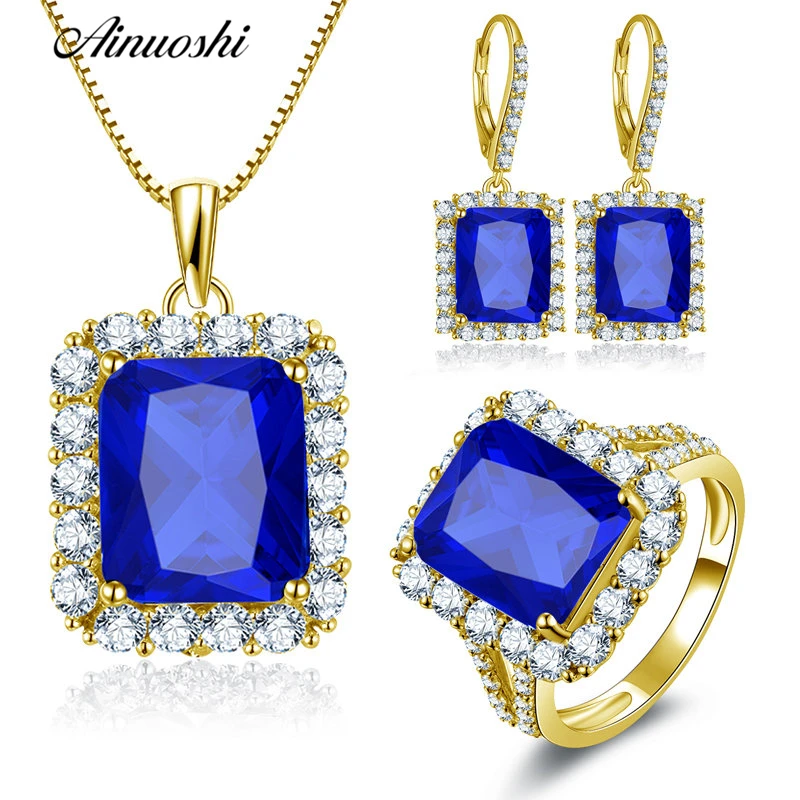 

AINUOSHI 10K Solid Yellow Gold Jewelry Set Rectangle Cut Blue Pendant Halo Ring Drop Earrings Luxury Wedding Women Jewelry Set