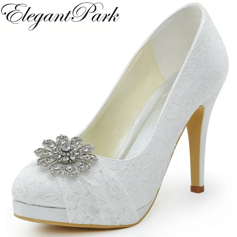 

HC1413P Woman Wedding Shoes White High Heel Platform Closed Toe Rhinestones Pumps Women's Bridal Shoes Lady Ivory Lace Shoes