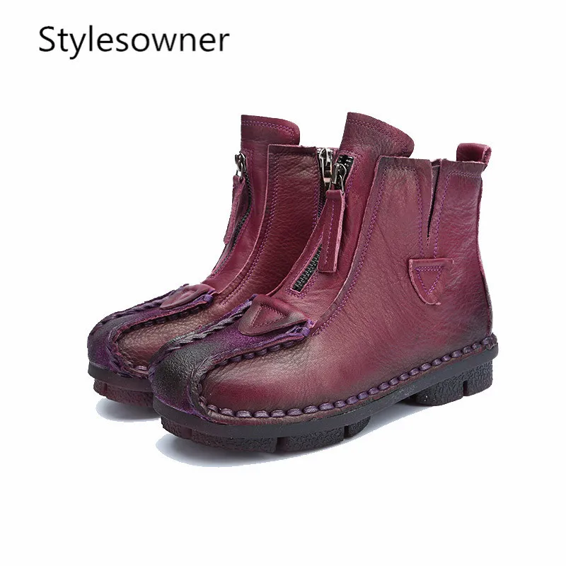 

Stylesowner Genuine Leather Ankle Boots Velvet Hand-made Lady soft Flat shoes comfortable Casual Moccasins Women's shoes