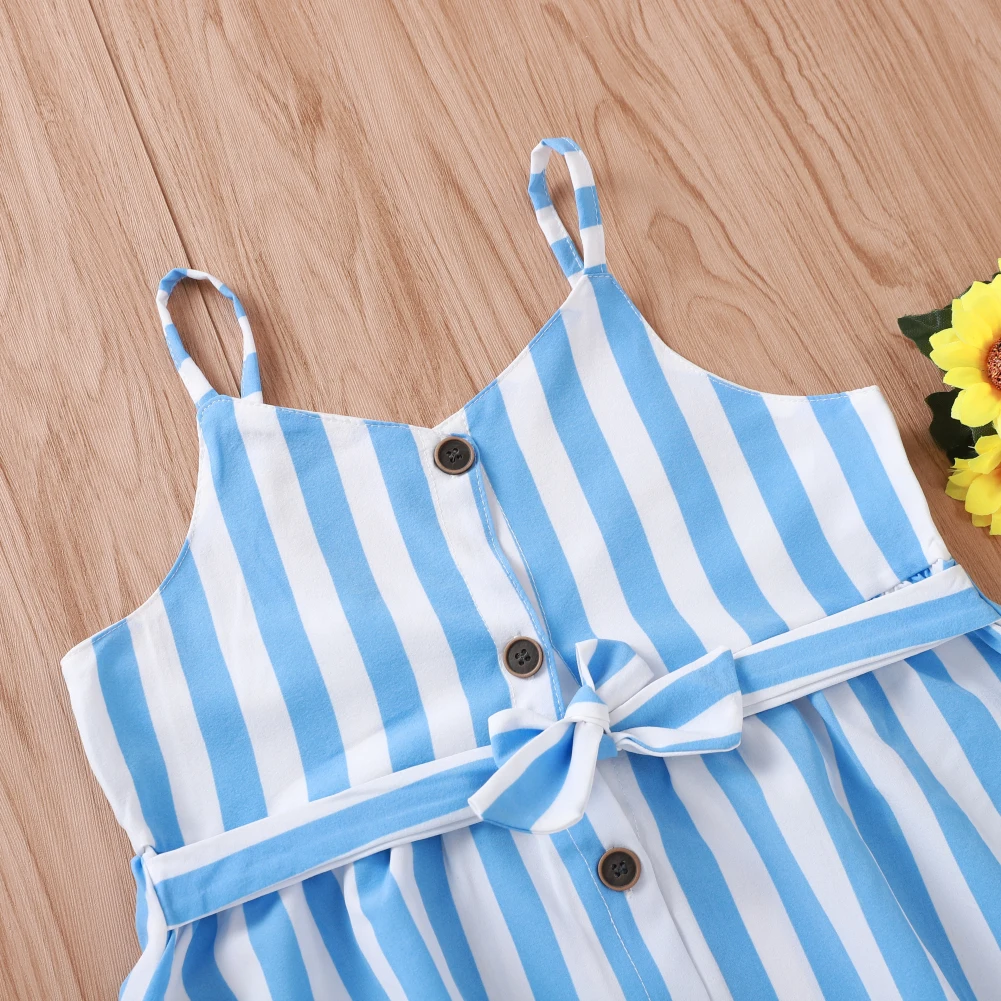 Baby Summer Clothing Toddler Kid Baby Girl Stripe Dress Sleeveless Button Mini Dress Casual Sash Clothes Set 2-7T