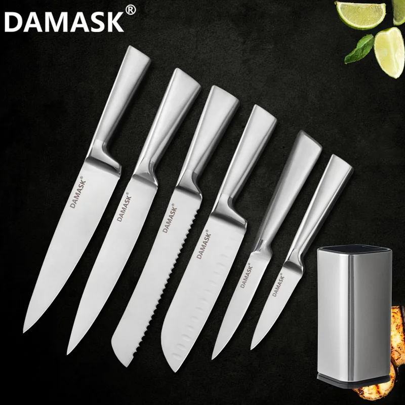 Дамасский дизайн, кухонный нож из нержавеющей стали, 3Cr13mov, острое лезвие, набор поварских ножей, слайсер для суши, сашими, нож для приготовления хлеба - Цвет: 7 pcs set