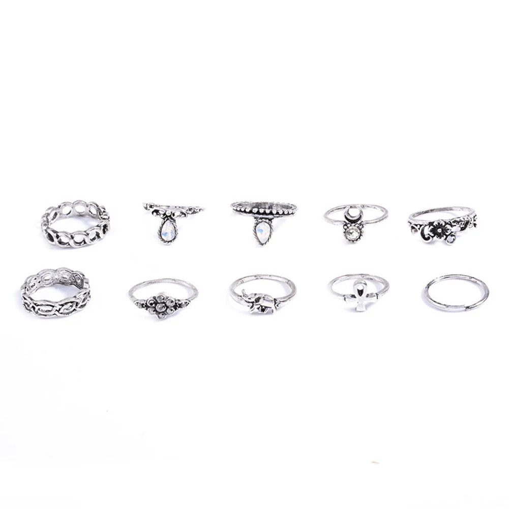 

10pcs/set Vintage Joint Ring Set Bohemian National Wind Jewelry Elephant Moon Stone Decoration