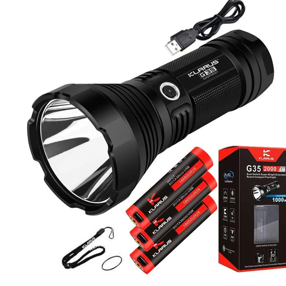 

KLARUS G35 Torch XHP35 HI D4 LED 2000LM beam distance 1000 meter Flashlight + 3pcs Klarus 18650 batteries ,usb cable