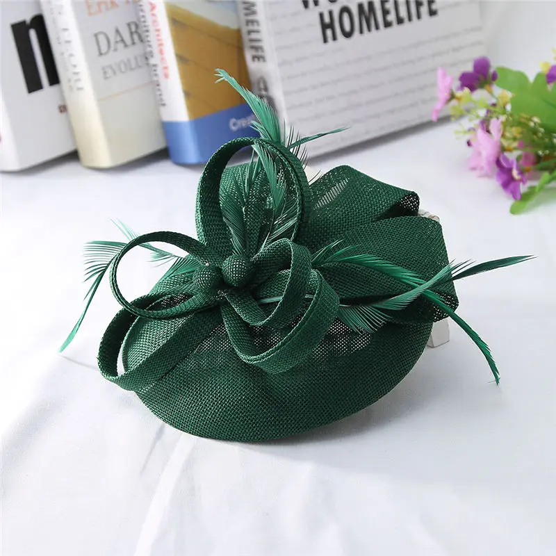 GEMVIE, женская элегантная шляпа-Вуалетка с цветком и перьями, Коктейльная Кепка, для девушек, для свадебной вечеринки, для церкви, Pillbox, шляпа, Fedora, аксессуары для волос - Цвет: green