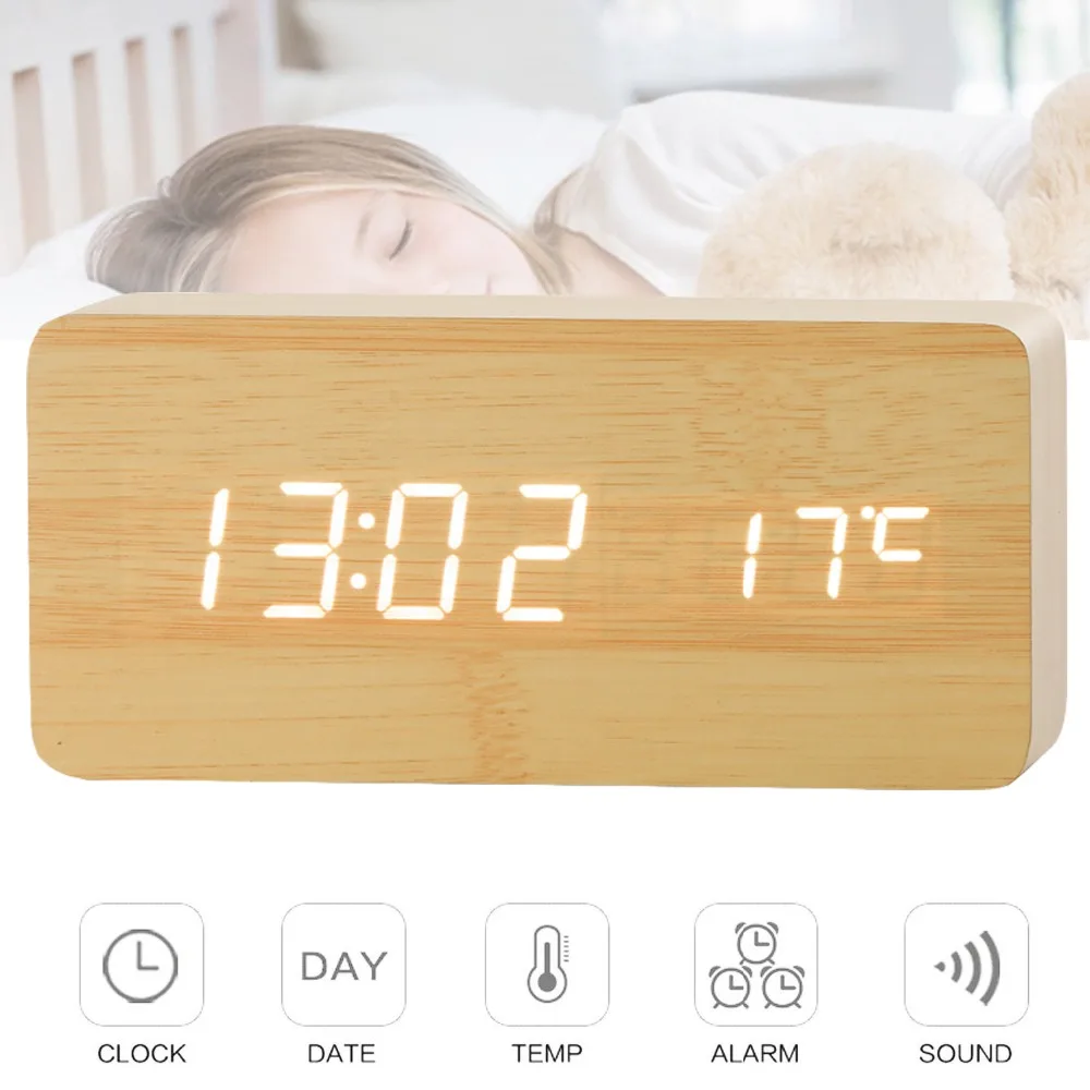 Jinsun удара LED будильник время/дата/температура цифровой древесины бамбука Voice Настольные Часы LED Дисплей рабочего Цифровой Таблица часы