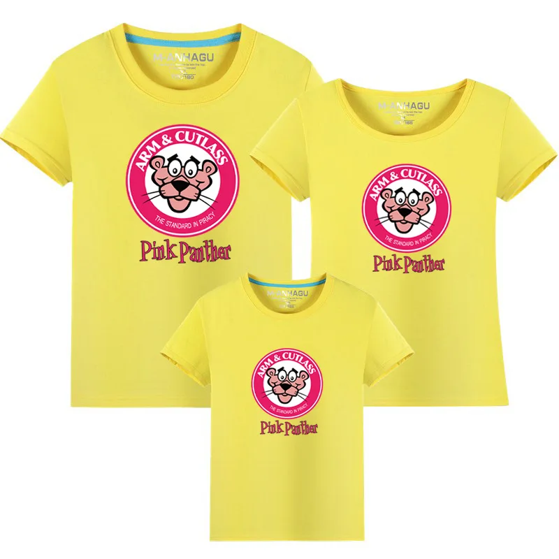 Розовая футболка с принтом Пантеры Летние повседневные топы с короткими рукавами и рисунками из мультфильмов, футболка для мамы и дочки, папы, одежда для маленьких мальчиков и девочек 1 предмет